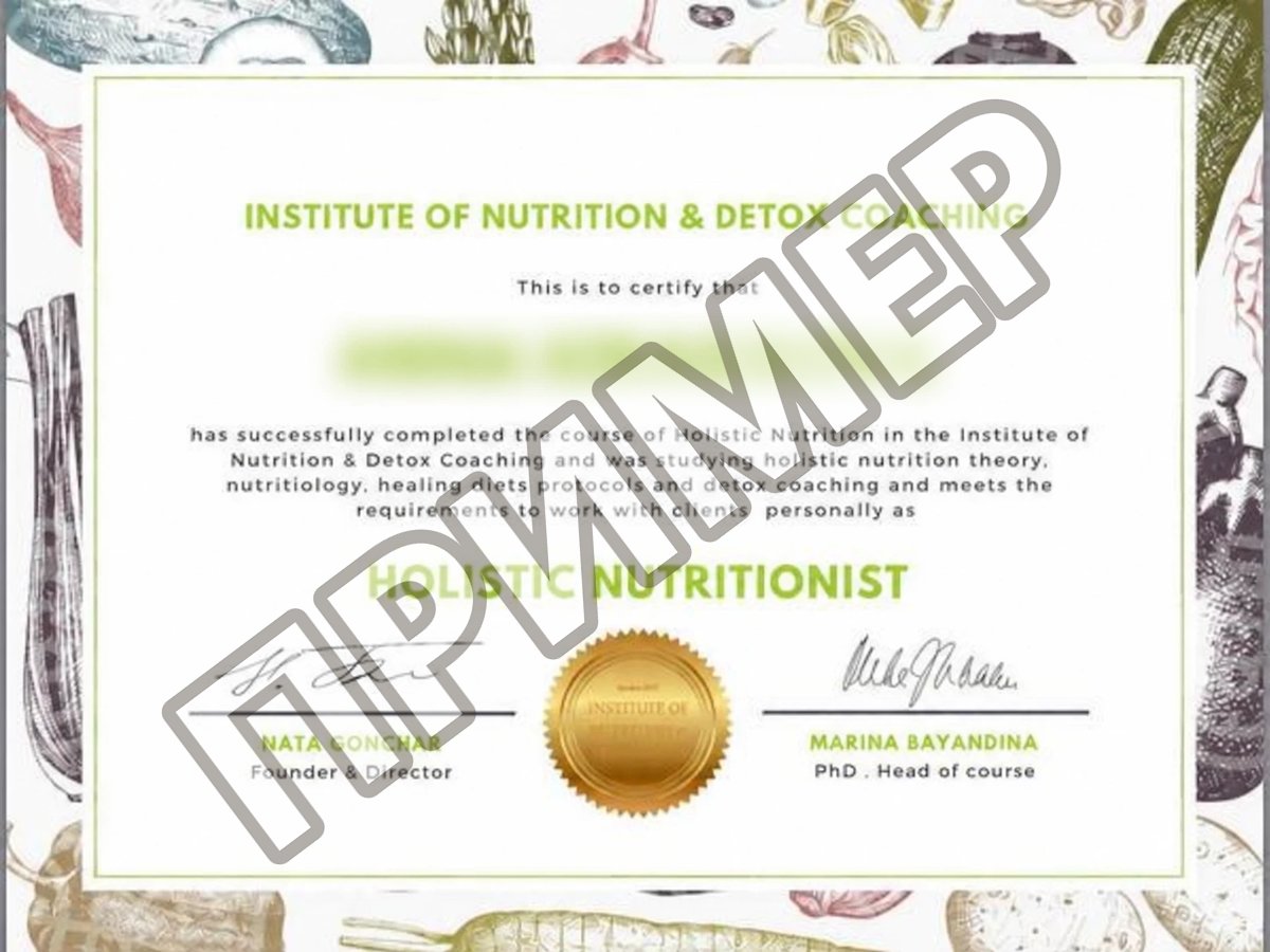 Пример сертификата: Holistic Nutritionist · Institute of Nutrition and Detox Coaching